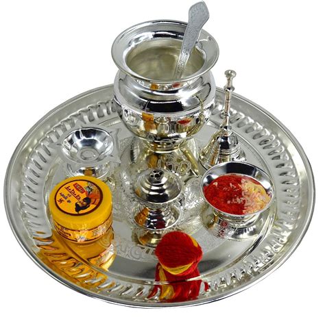 Buy Silver Plated Puja Thali Set With Kalawa Roli Akshat Chandan Tika