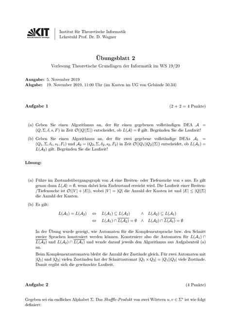 Bungsblatt Mit L Sung Institut F Ur Theoretische Informatik