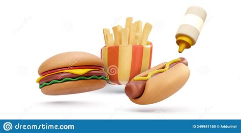 3d Hotdog Hambúrguer Fresco E Saboroso Realista E Batatas Fritas