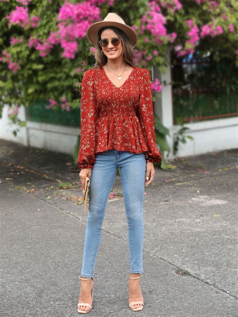 Shein Clasi Blusa Peplum Con Estampado Floral De Manga Farol Con