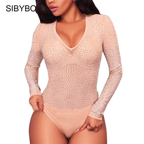 Sibybo New Mesh Rhinestone See Through Deep V Neck Bodysuit Women Long