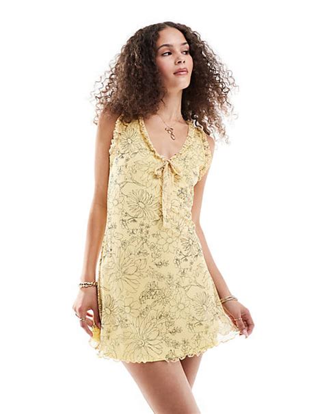 Reclaimed Vintage Mini Tea Dress In Yellow Floral Print Asos