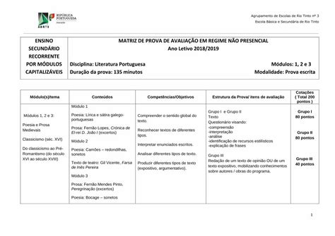 PDF ENSINO MATRIZ DE PROVA DE AVALIAÇÃO EM REGIME Agrupamento de