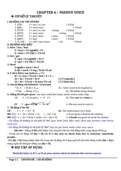 Chuyên ĐỀ 6cÂu BỊ ĐỘng Chapter 6 Passive Voice C Ơ S ỞlÝ ThuyẾẾt