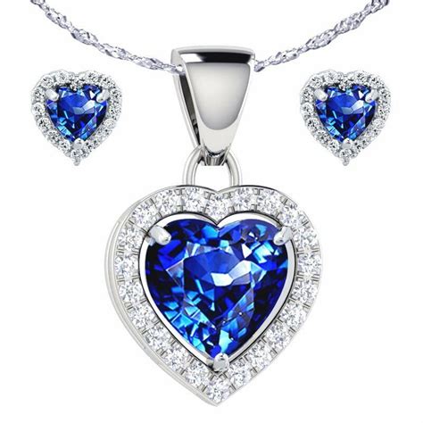 Heart Shape Blue Sapphire Pendant Earring Sterling Silver W