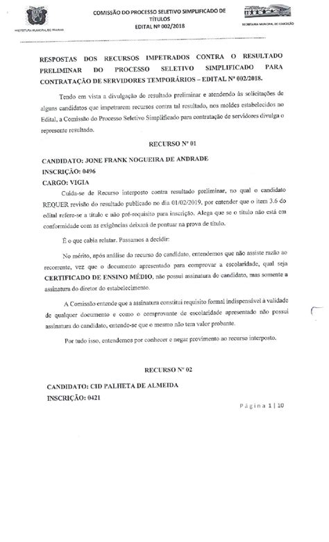 RESPOSTA DOS RECURSOS PROCESSO SELETIVO EDITAL 002 2018 Prefeitura