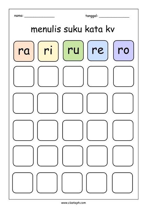 Menulis Suku Kata Kv Ra Ri Ru Re Ro Alphabet Worksheets