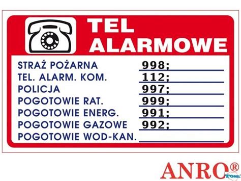 Tabliczka Telefony Alarmowe Zz P X P Yta Pcv Anpro Tonel