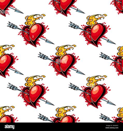 Valentines Seamless Background Pattern Of A Flaming Red Heart Pierced