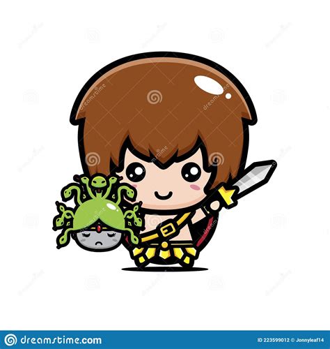 Cute And Cool God Perseus Cartoon Character Holding Medusa S Head Stock