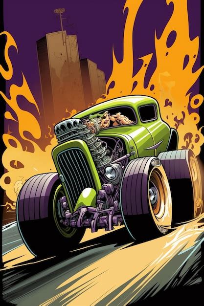 Ilustra O Dos Desenhos Animados De Um Carro Hot Rod Verde Chamas Saindo Dele Generative Ai