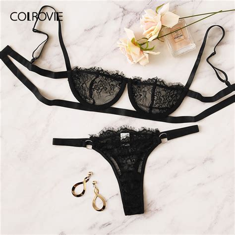 Colrovie Black Floral Lace Lingerie Set Women Intimates Summer Bra And