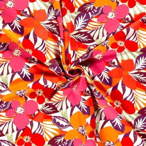 Tissu Popeline De Viscose Fleurs Tropical Corail Tissu Fil Compagnie