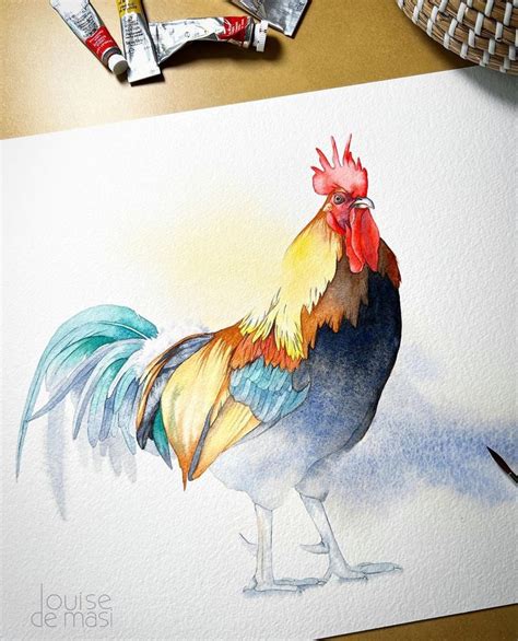 A Watercolor Painting Of A Rooster On Paper