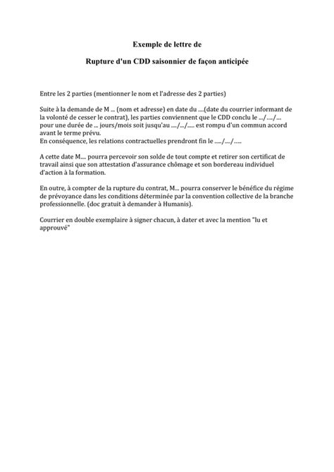 Model De Rupture D Un Cdd Saisonnier De Fa On Anticip E Doc Pdf