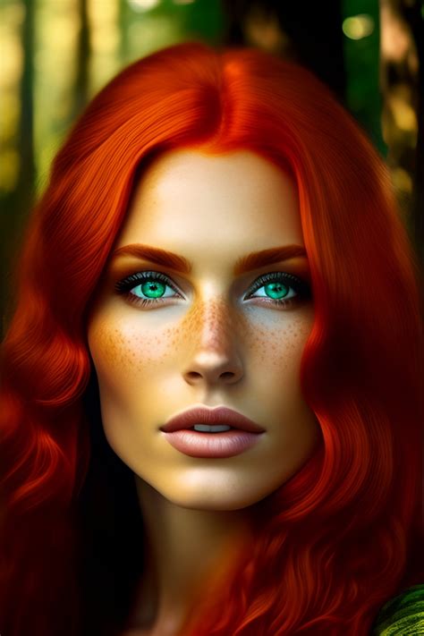 Lexica Brunette Wild Red Hair Green Eyes Freckles Forest Woman