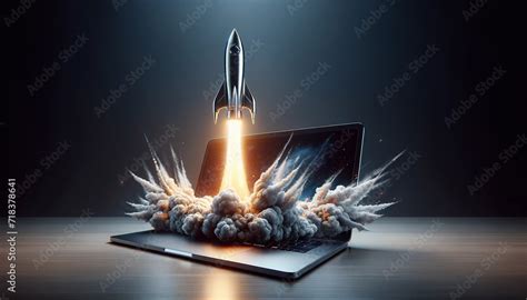 Futuristic Rocket Ship Take Off Launching From Sleek Silver Laptop