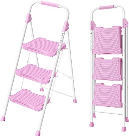 KINGRACK 3 Step Ladder Folding Step Ladder With Anti Slip Wide Pedal