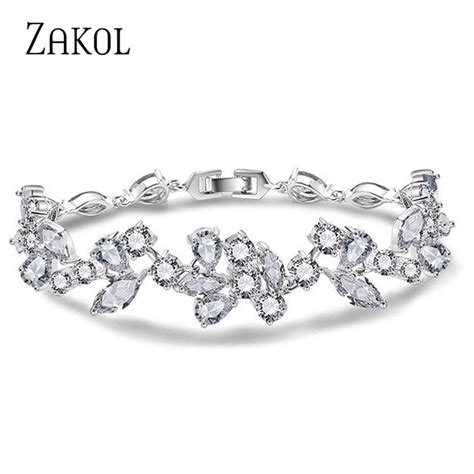 Zakol White Color Design Cubic Zirconia Flower Chain Bracelets Bangle