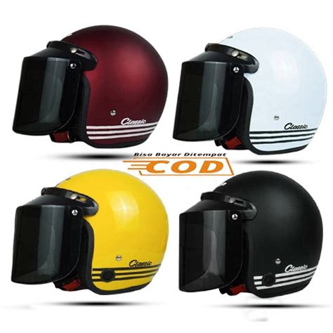 Jual Helm Bogo Retro Classic Garis Tiga Kaca Datar Cembung Hitam Bening