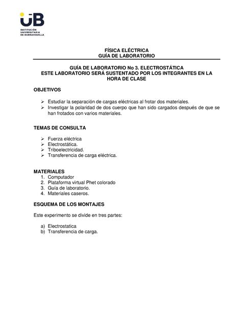Experimento No Electrost Tica F Sica El Ctrica Gu A De Laboratorio