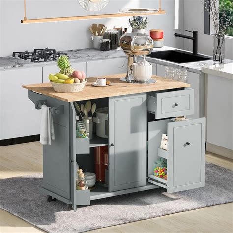 Runesay Gray Blue Wood Drop Leaf In Kitchen Island Cart With