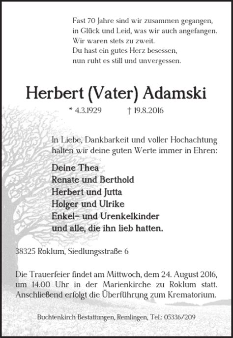 Traueranzeigen Von Herbert Adamski Trauer De