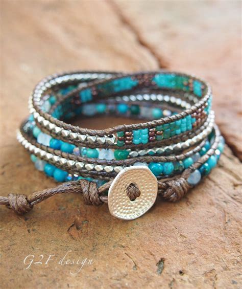 Turquoise Mix Wrap Bracelet On Brown Cord Seed Beaded Boho Etsy