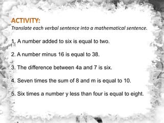 Translating Verbal Statements To Equations PPT