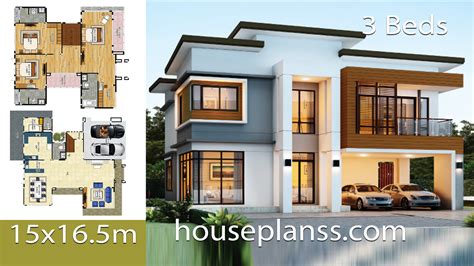 House design idea 15x16.5 with 3 bedrooms - House Plans 3D