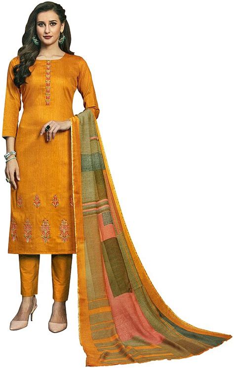 Sunflower Yellow Long Trouser Salwar Kameez Suit With Embroidery And