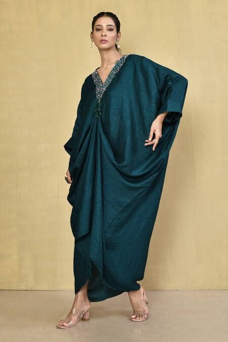 Buy Green Rebella Silk Embroidered Thread V Neck And Bead Kaftan For