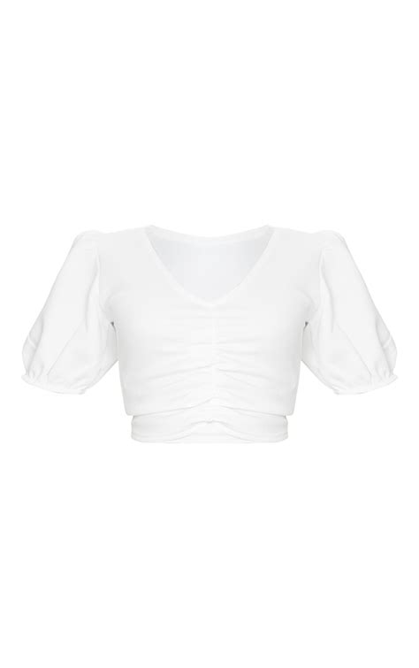 White Woven Puff Sleeve Crop Top Tops Prettylittlething Aus