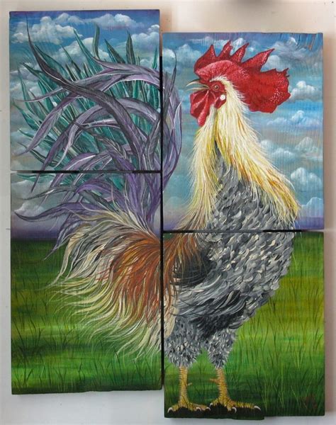 Items similar to Rooster original acrylic painting on reclaimed rustic solid wood board on Etsy