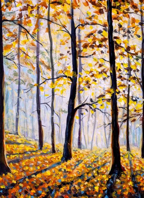 Sunny Forest Acrylic Painting Sun Rays In Park Trees Gold Autumn