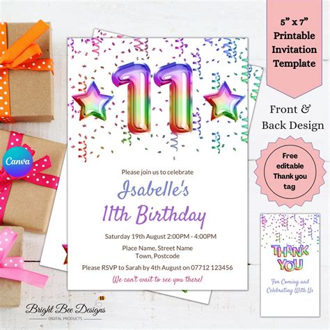 Editable 11th Birthday Invitation Template Rainbow Glitter Etsy