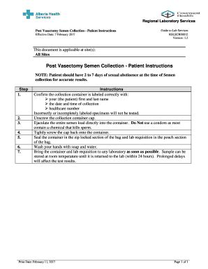 Fillable Online Post Vasectomy Semen Collection Patient Instructions