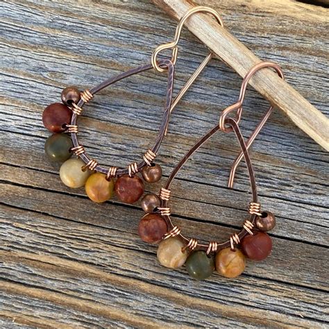 Small Copper And Red Creek Jasper Teardrop Earrings Stone Etsy Wire