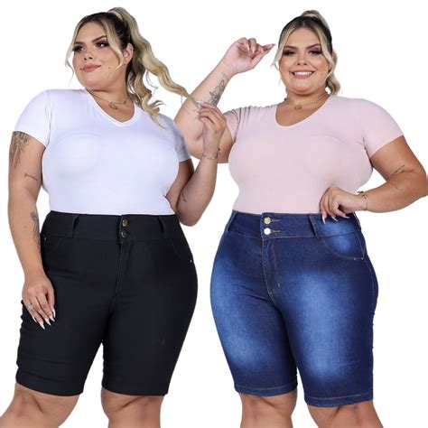 Kit Bermudas Jeans Feminina Plus Size Cintura Alta Lycra Elastano