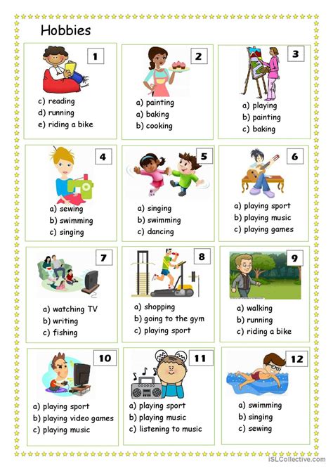 Hobbies Vocabulary Multiple Choice English ESL Worksheets Pdf Doc