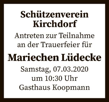 Traueranzeigen von Mariechen Lüdecke trauer kreiszeitung de