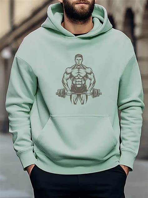 Bodybuilder Print Kangaroo Pocket Hoodie Casual Long Sleeve Temu Ireland