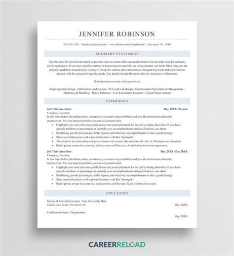 Ats Resume Template For Word Jennifer Career Reload