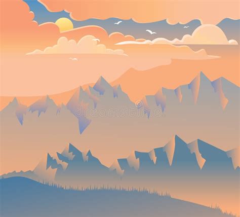 Por Do Sol Na Ilustra O Do Vetor Das Montanhas Ilustra O Stock