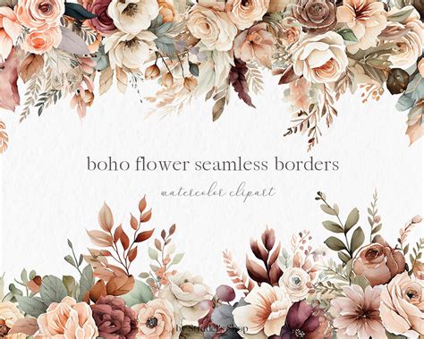 Boho Flower Seamless Borders Watercolor Clipart Png Wedding Boho Floral