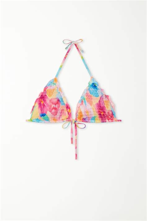 Top de bikini triangular ligeramente acolchado con flores tipo bata Triángulo Mujer