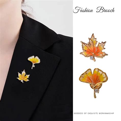 Enameled Red Maple Leaf Ginkgo Biloba Brooch High End Classy Plant