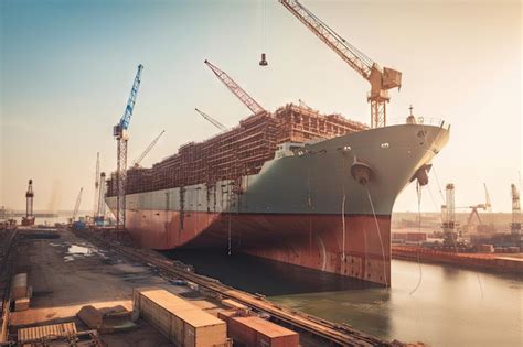 Barco gigante construido en un gran astillero con grúas y andamios a la