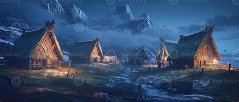 illustration of viking houses in a fantasy landscape 22451004 Stock