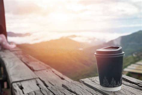 Hot Coffee Cup On Wood Table With Scenery View Stock Image Image Of Countryside Nature
